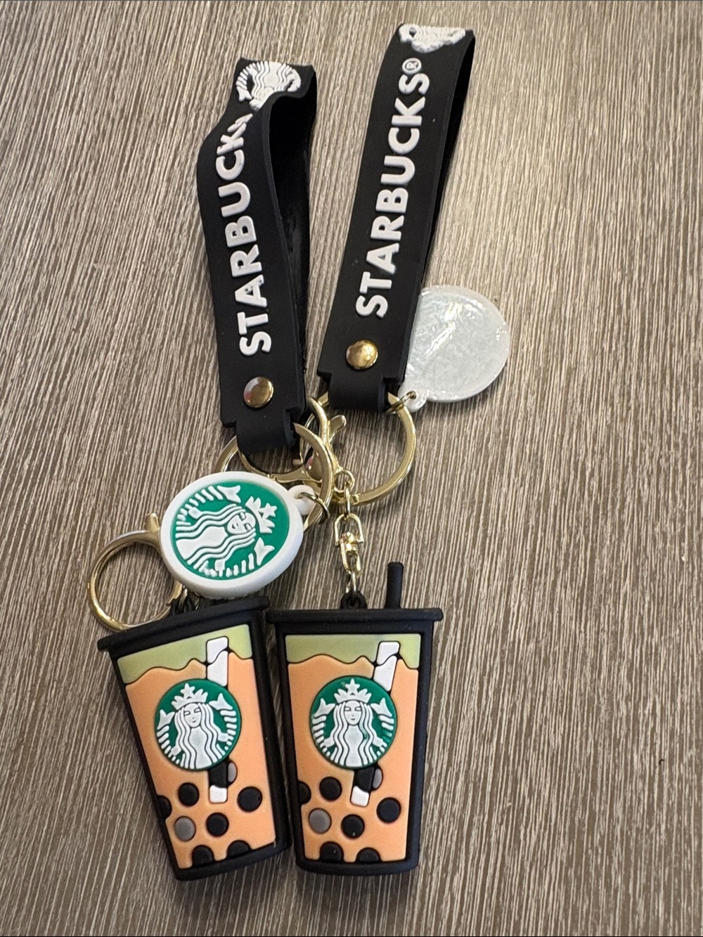 Starbucks Black Wristlet Keychain with Bubble Tea Charms (Green, Brown)